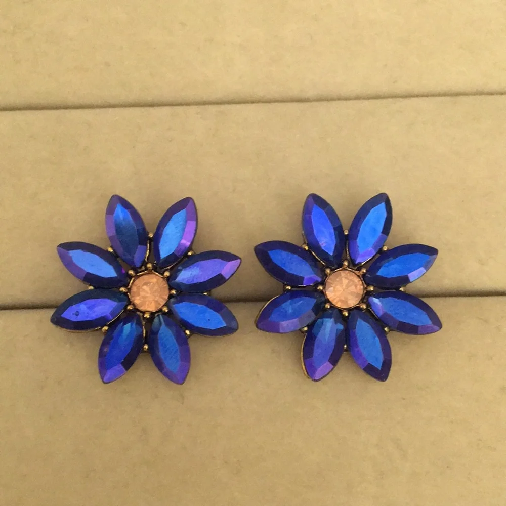 Violet Blue Aurora Borealis + Pink Opal Crystal Flower Statement Earrings